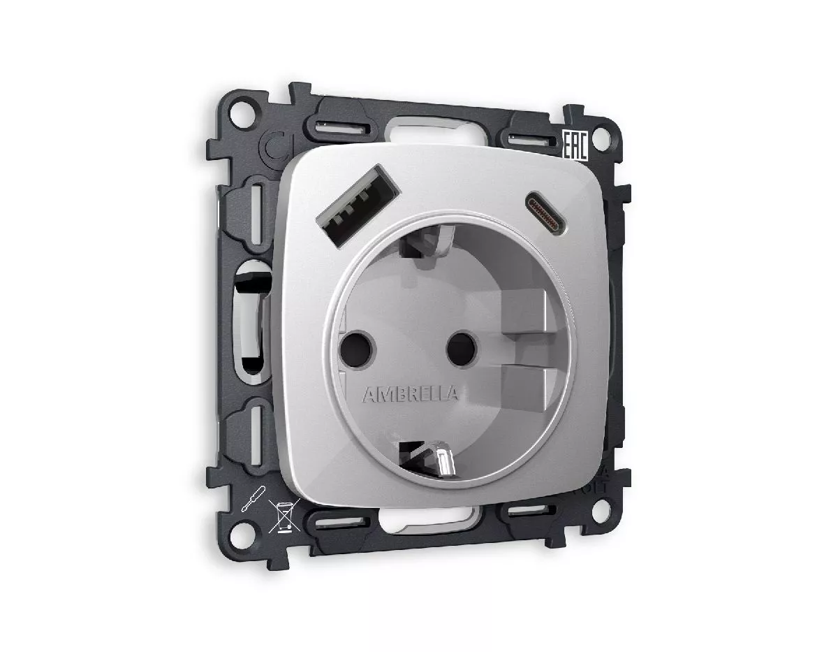 

Комплект механизма розетки 2USB A+C 20W (быстрая зарядка) с/з Ambrella Volt Omega MO410010