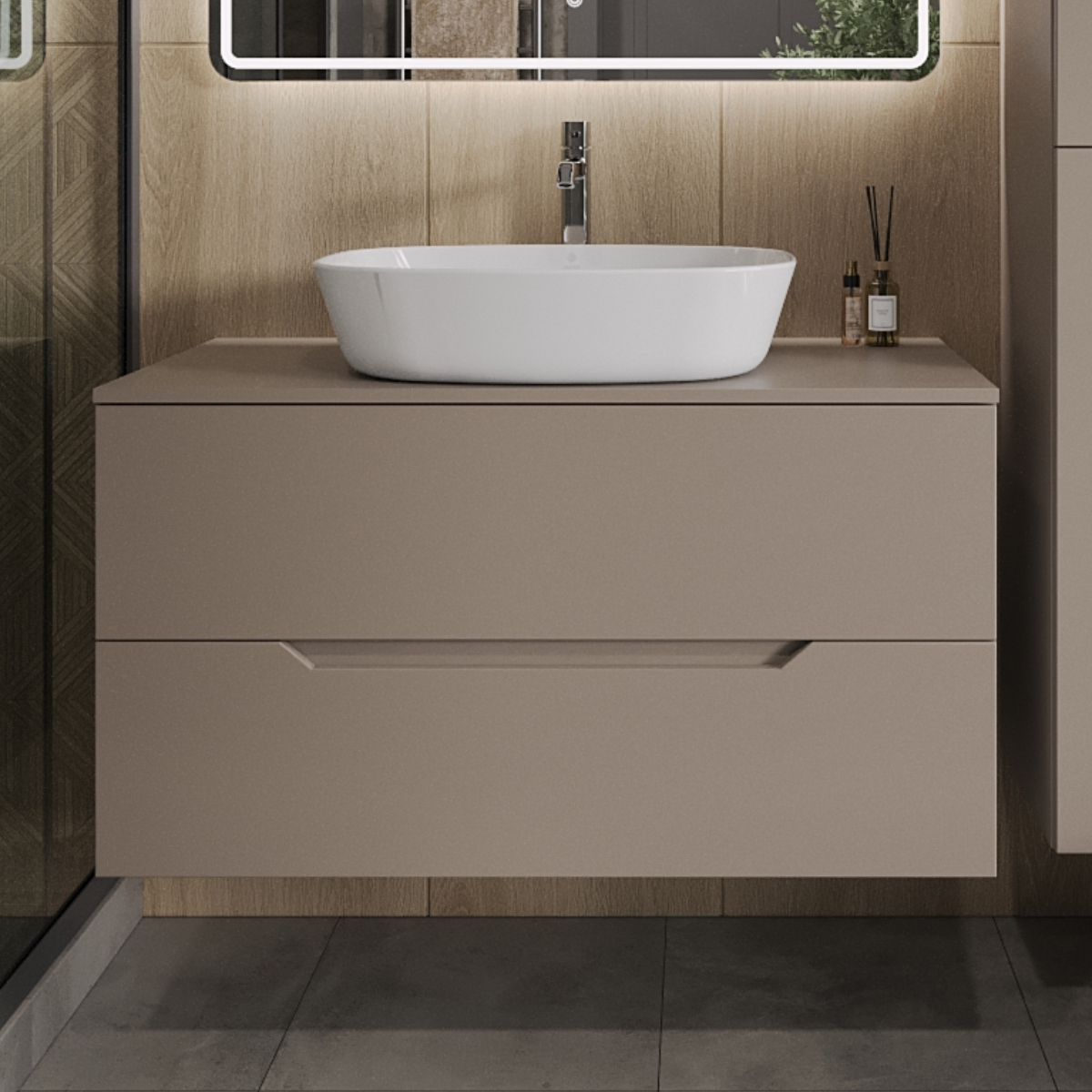 

Тумба с раковиной Orange Line 100 подвесная, 2 ящика, матовый латте с раковиной B08-500W