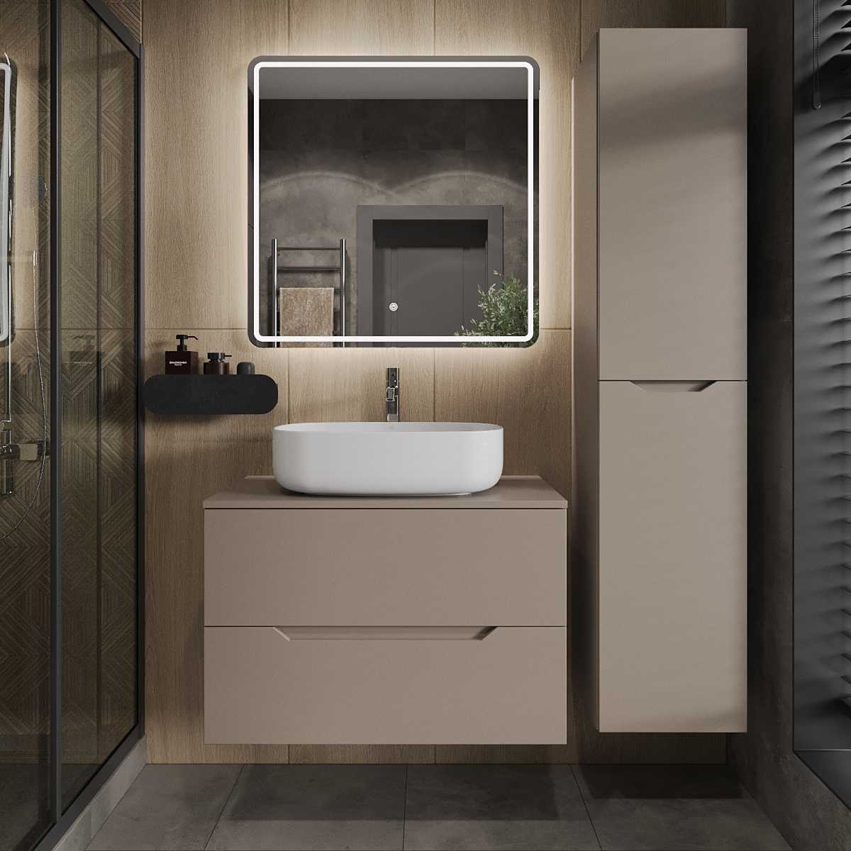 

Мебель для ванной комнаты Orange Line 80 подвесная, 2 ящика, матовый латте с раковиной B07-540W