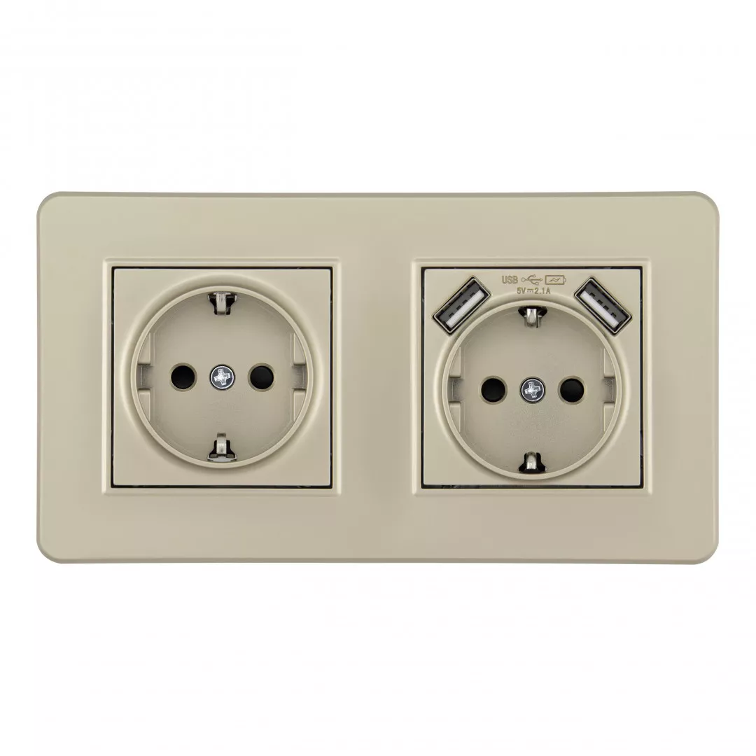 

Розетка двойная (двухпостовая) с/з и шторками + USB Arte Milano SET16-2-47-1-40-1 shampan