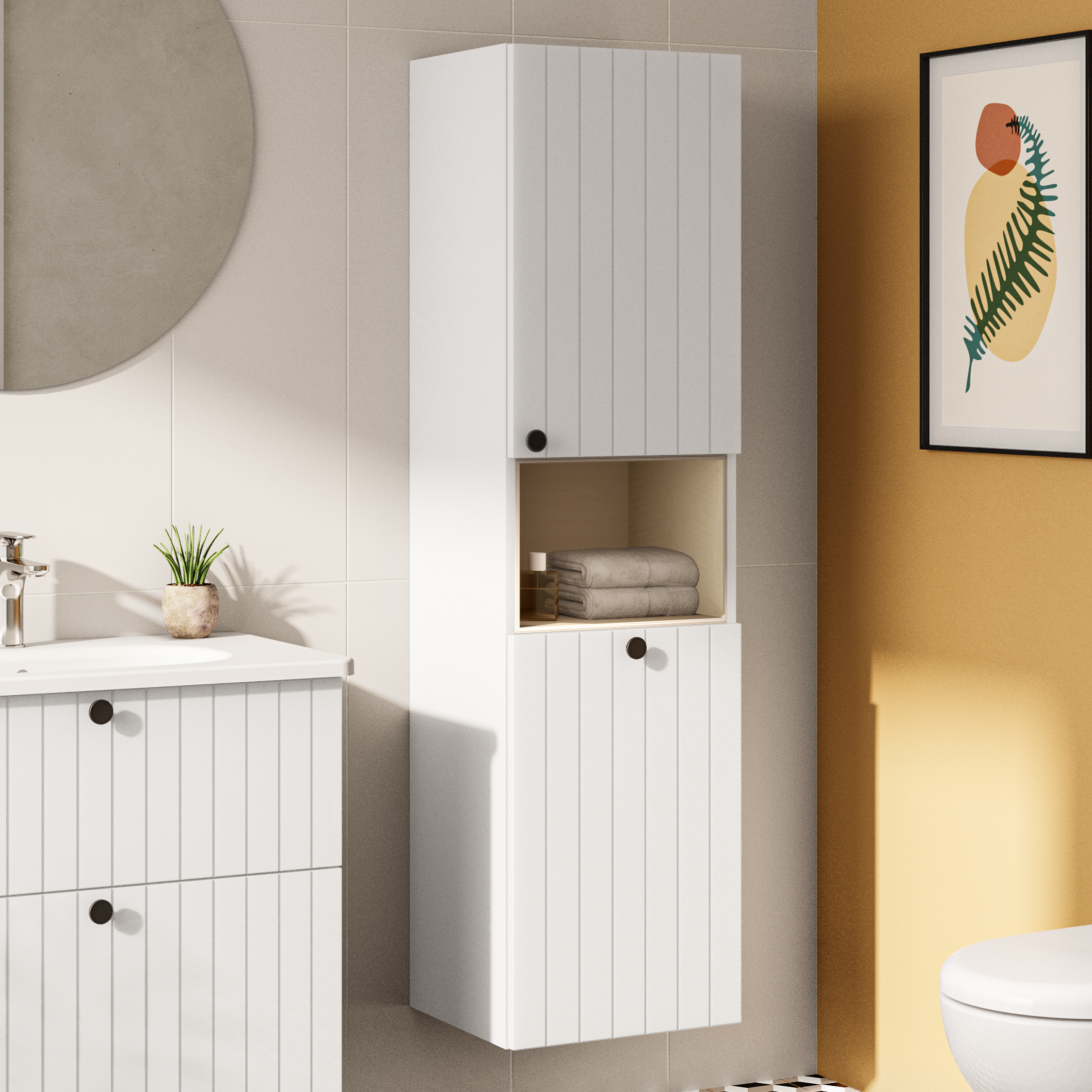 

Шкаф-пенал для ванной VitrA Root Groove 40 R, с бельевой корзиной, матовый белый