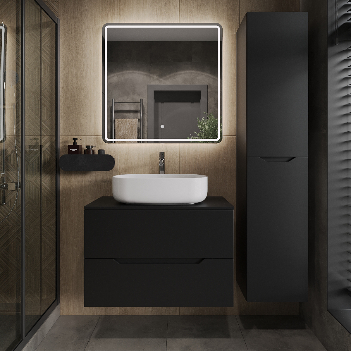 

Мебель для ванной комнаты Orange Line 80 подвесная, 2 ящика, матовая черная с раковиной B07-540W