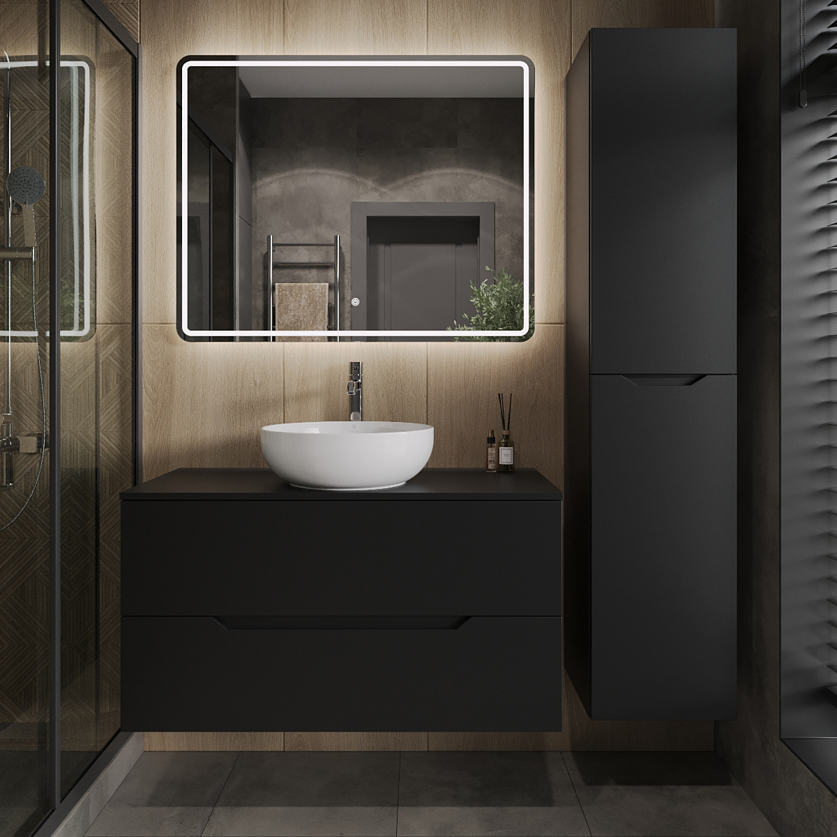 

Мебель для ванной комнаты Orange Line 100 подвесная, 2 ящика, матовая черная с раковиной B07-420W