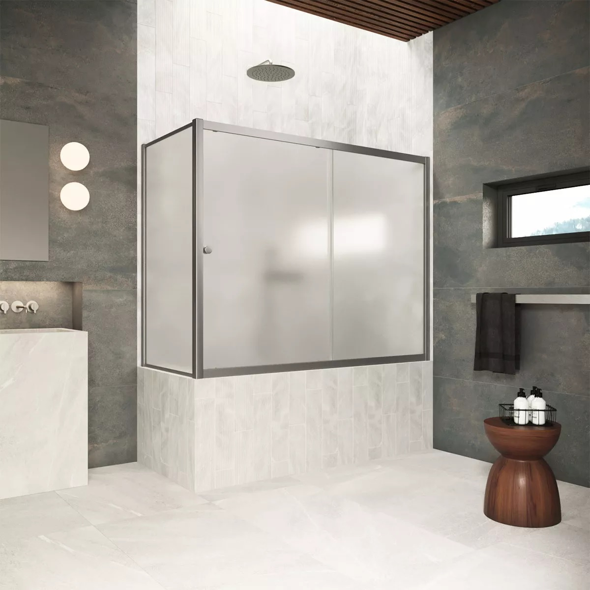 

Шторка на ванну Vegas Glass ZV+ZVF Protec 180*90 11 10 профиль оружейная сталь, стекло сатин