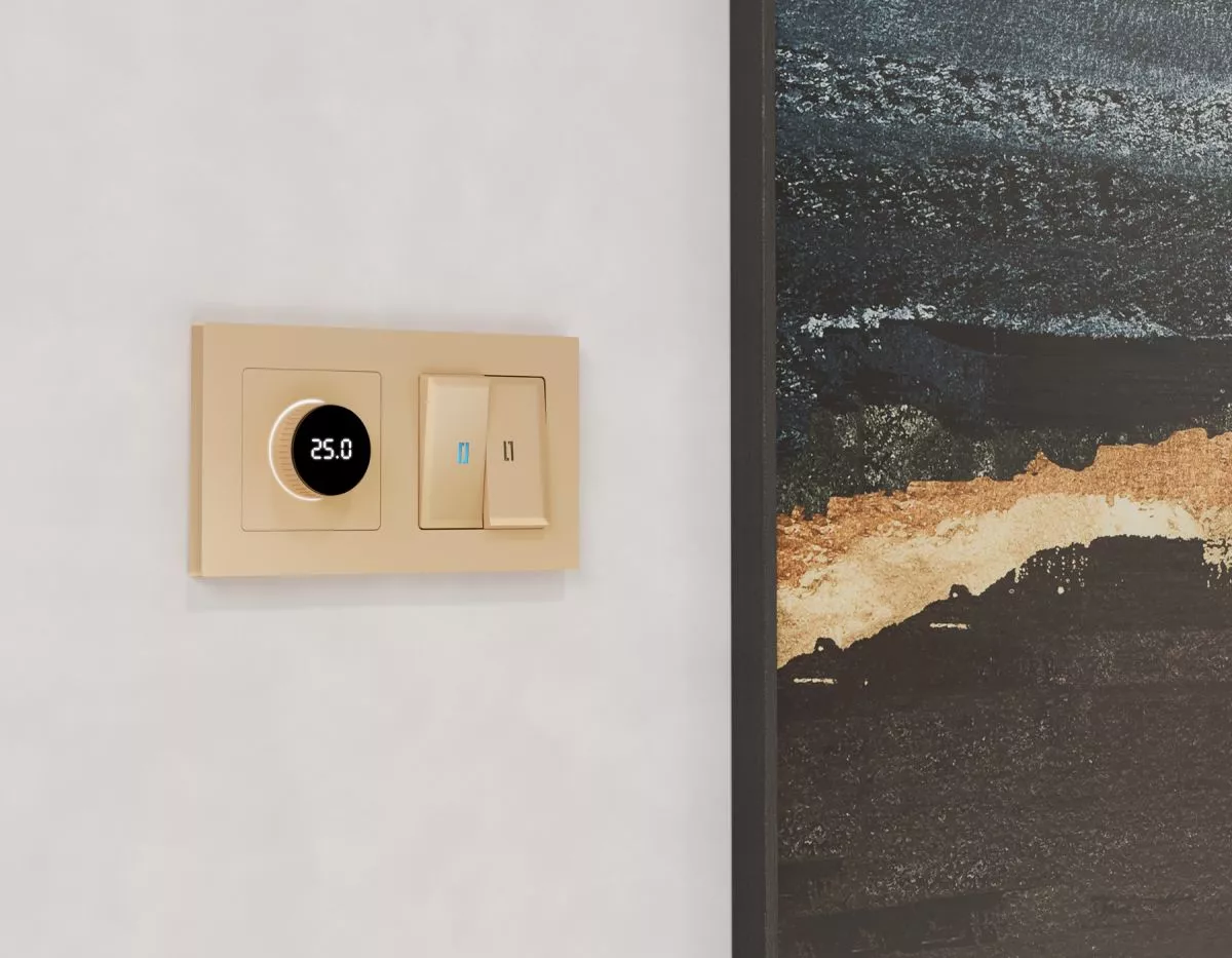 

Комплект механизма терморегулятора с цифровым дисплеем с подсветкой и датчиком для теплого пола 16A-250V Alfa Шампань Quant Ambrella Volt MA605810 (AP6058, VM1385)