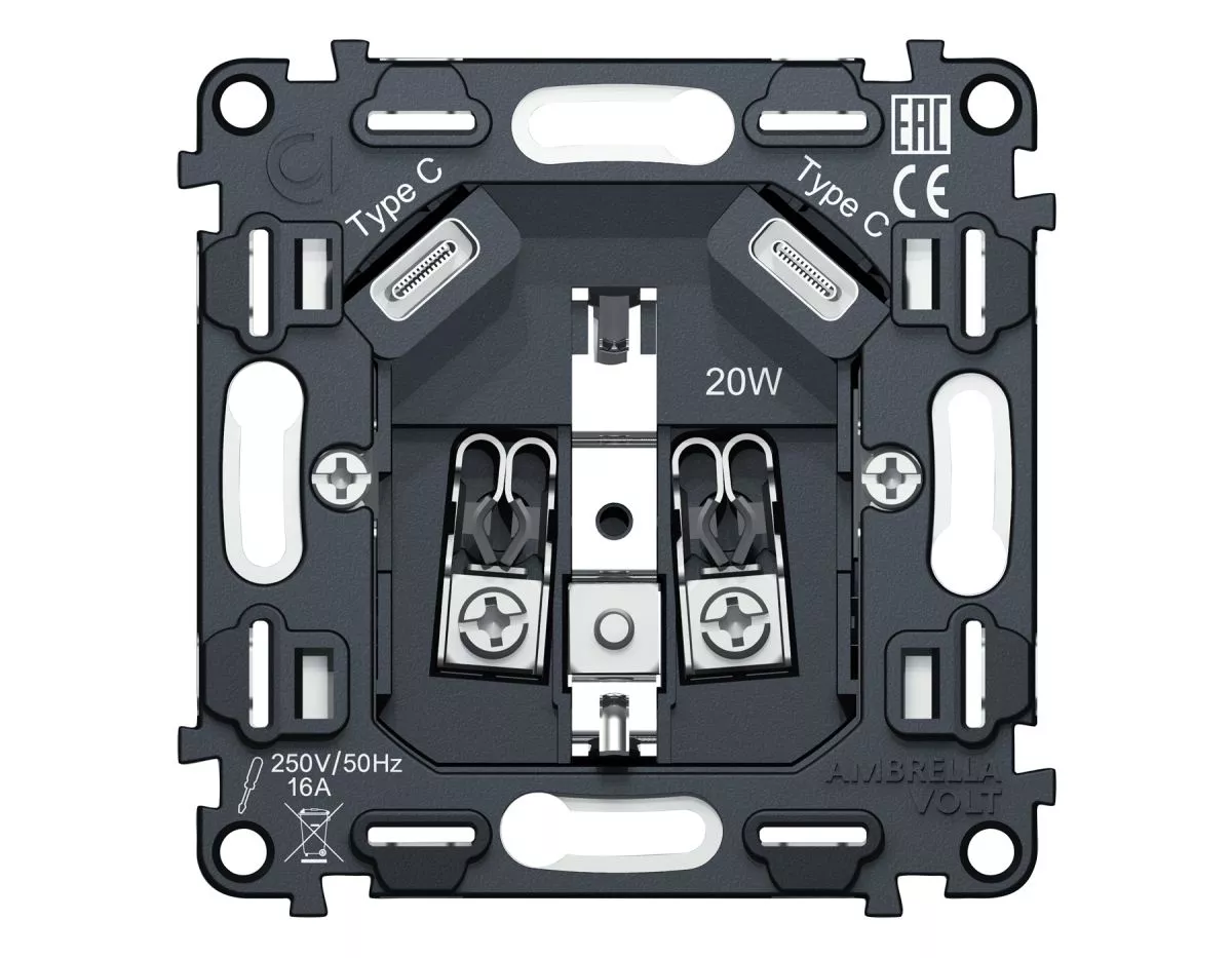 

Механизм электрической розетки 2USB С+C 20W (быстрая зарядка) с/з на винтовых зажимах 16A-250V QUANT Ambrella Volt VM165