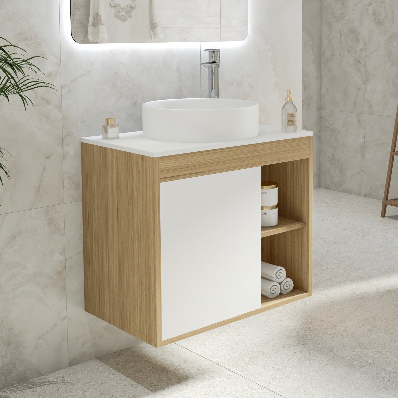 

Тумба с раковиной Teymi Nura 70 дуб эврика, матовая белая, раковина Lina D41