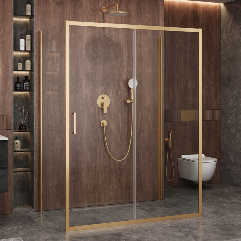 

Душевой уголок Cezares Molveno AH 12 150+90 C BORO IV 150х90 см, профиль брашированное золото, стекло прозрачное