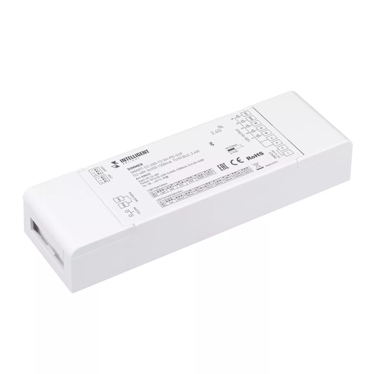 

Диммер Arlight SMART-CC-205-72-SH-PD-SUF (12-48V, 5x350-1200mA, TUYA BLE, 2.4G) 038213