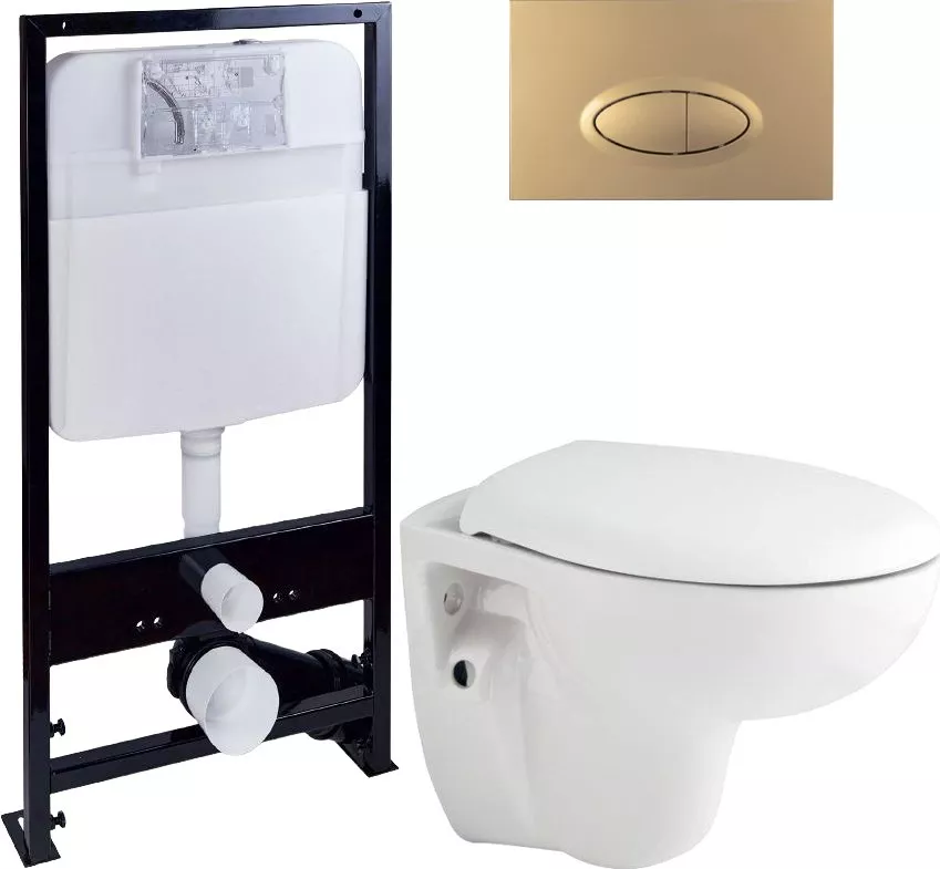 Комплект  Унитаз подвесной Seramiksan Natura A051041H + Система инсталляции для унитазов EWRIKA ProLT 0026-2020 + Кнопка смыва EWRIKA 0053 золото матовое