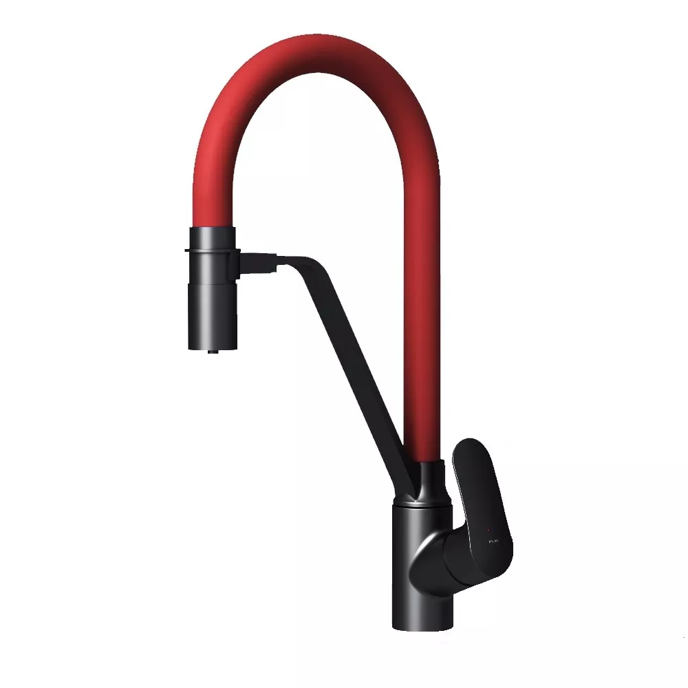 F8007828 Like, смеситель для кухни с каналом для питьевой воды и гибким изливом, черн., красный изли - фото 1