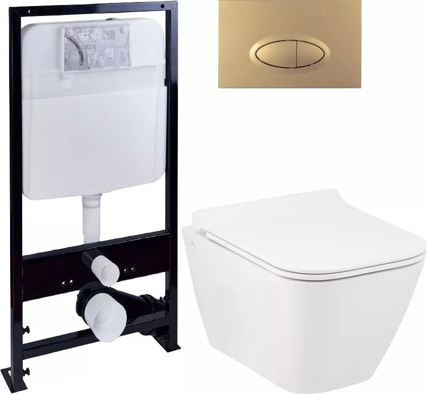 Комплект Унитаз подвесной Seramiksan Saturn Rimout A141151H с микролифтом + Система инсталляции для унитазов EWRIKA ProLT 0026-2020 + Кнопка смыва EWRIKA 0053 золото матовое