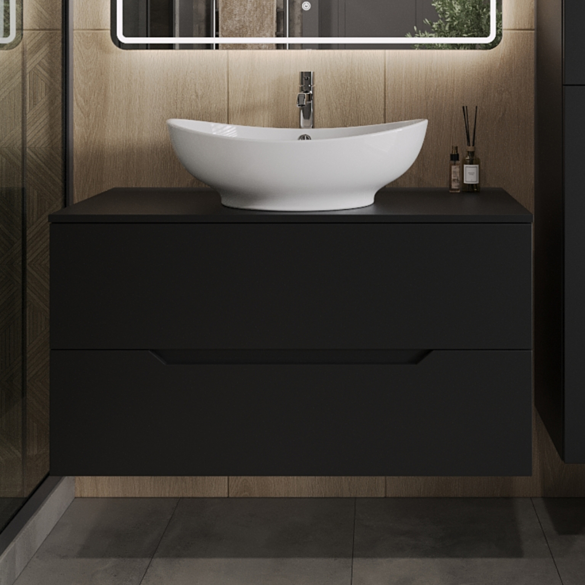 

Тумба с раковиной Orange Line 100 подвесная, 2 ящика, матовая черная с раковиной B08-585w