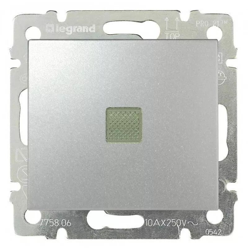 

Переключатель одноклавишный промежуточный Legrand Valena 10A 250V с подсветкой алюминий 770148