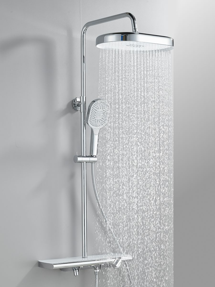 

ESKO. Душевая система со смесителем, выдвижная телескопическая стойка, поворотный излив, тропический душ на шарнире