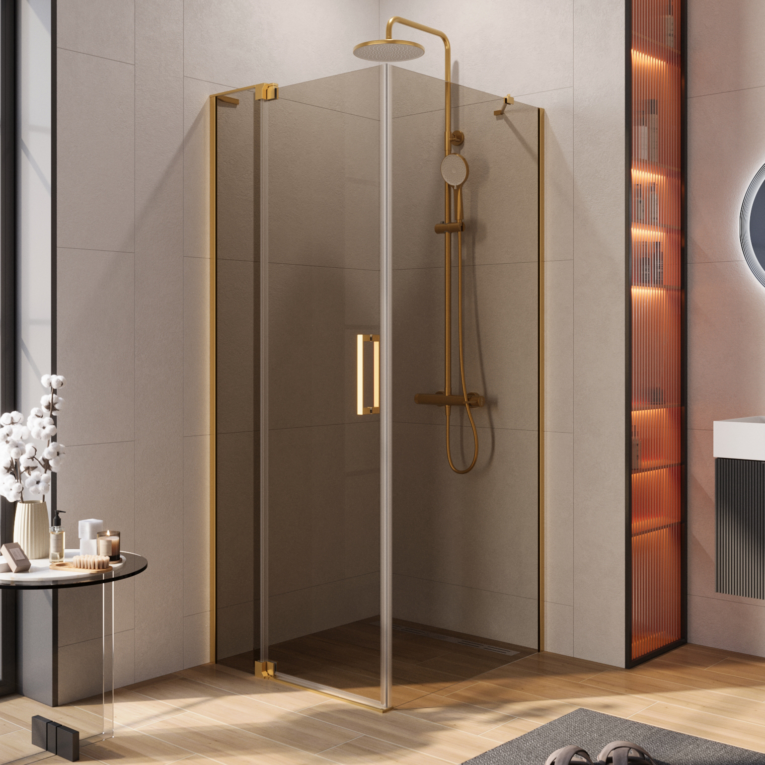 

Душевой уголок Cezares Slider AH 1 80-80/90 BR BORO профиль брашированное золото, стекло бронза