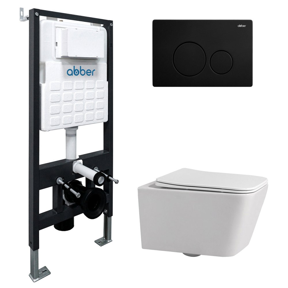 

Комплект Abber Rechteck AC1201-AC0105-AC0121MB Унитаз подвесной безободковый, с микролифтом + Система инсталляции + Кнопка смыва матовая черная