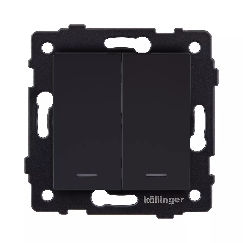 Выключатель кнопочный 2-клавишный 10А/250В с LED подсветкой, черный матовый Kollinger REA-S-014BM для Aspekt, Eleganz, Reflex