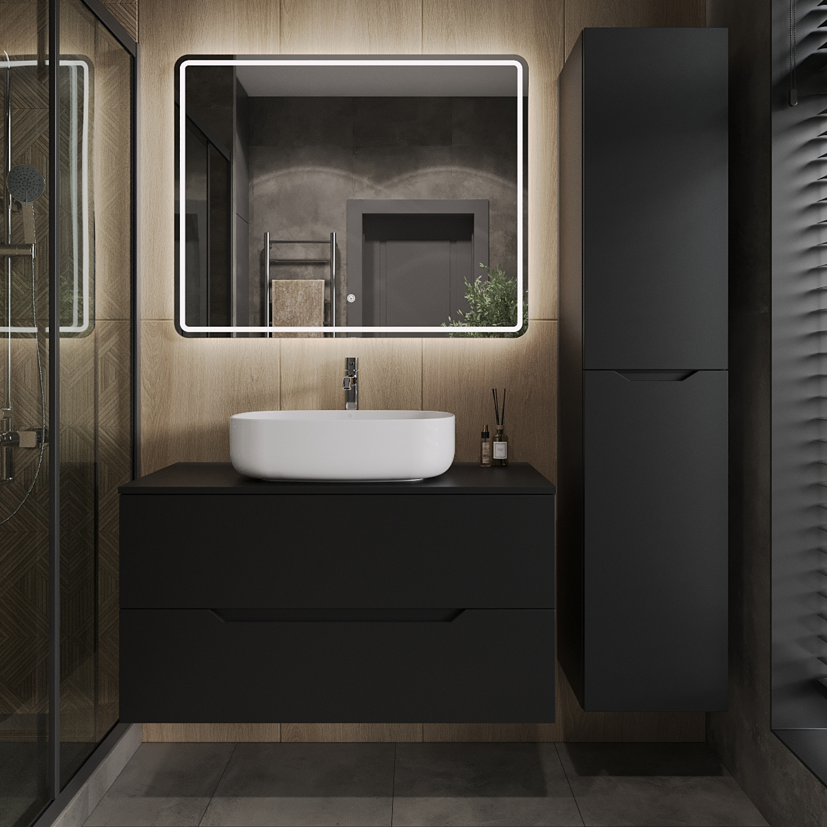 

Мебель для ванной комнаты Orange Line 100 подвесная, 2 ящика, матовая черная с раковиной B07-600W