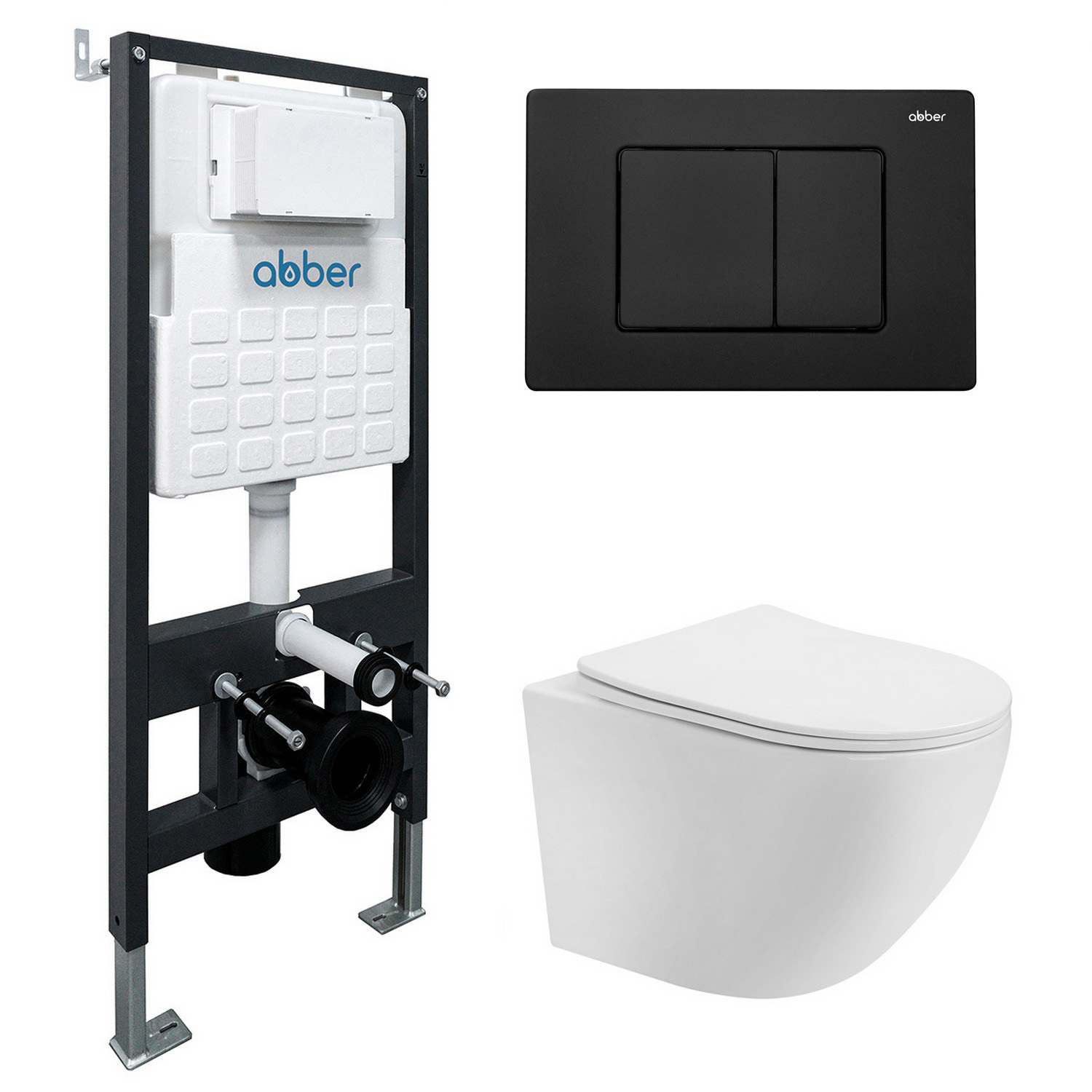 Комплект 4 в 1 Abber Bequem AC1100T-AC0105-AC0120MB Унитаз подвесной безободковый с микролифтом Система инсталляции Кнопка смыва матовая черная 32100₽