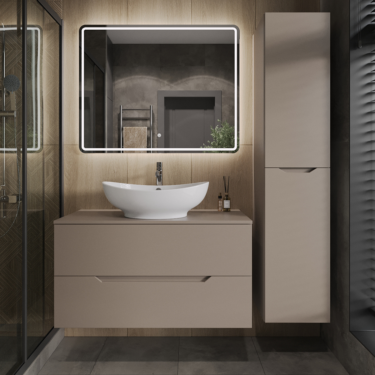 

Мебель для ванной комнаты Orange Line 100 подвесная, 2 ящика, матовый латте с раковиной B08-585w