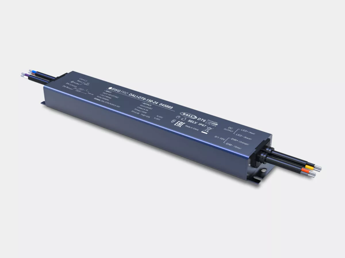 

Диммируемый блок питания для светодиодных лент SWG Pro DALI DT6, 24 В, 150 Вт, IP67, DALI-DT6-150-24 00-00045869