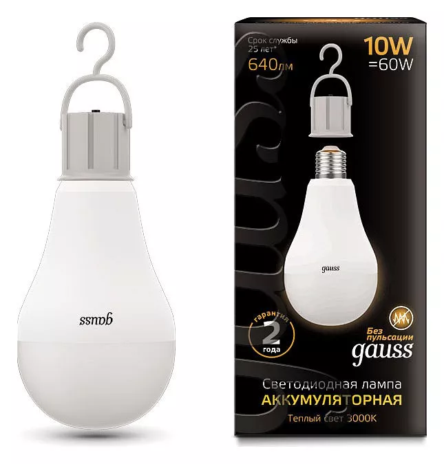 

Лампа светодиодная аккумуляторная Gauss E27 10W 3000K матовая 102402100