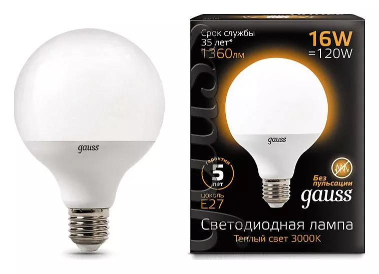 

Лампа светодиодная Gauss E27 16W 3000K матовая 105102116