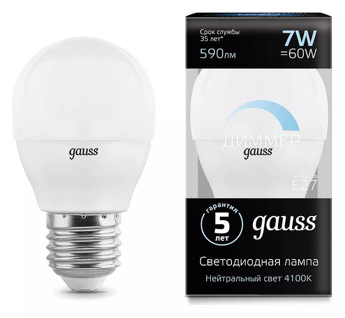 

Лампа светодиодная Gauss LED Globe-dim E27 7Вт 4100K 105102207-D