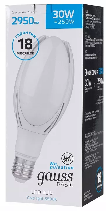 

Лампа светодиодная Gauss E40 30W 6500К матовая 11834332