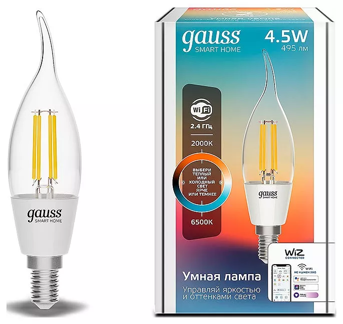 

Лампа светодиодная диммируемая филаментная Gauss Smart Home Filament E14 4,5W 2000-6500K прозрачная 1280112