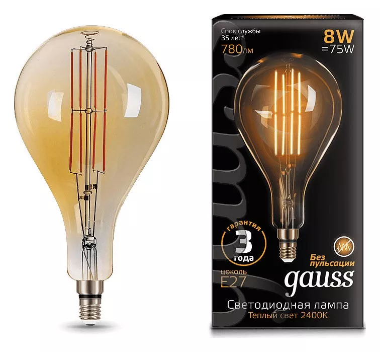 Лампа светодиодная филаментная Gauss E27 8W 2400K золотая 149802008