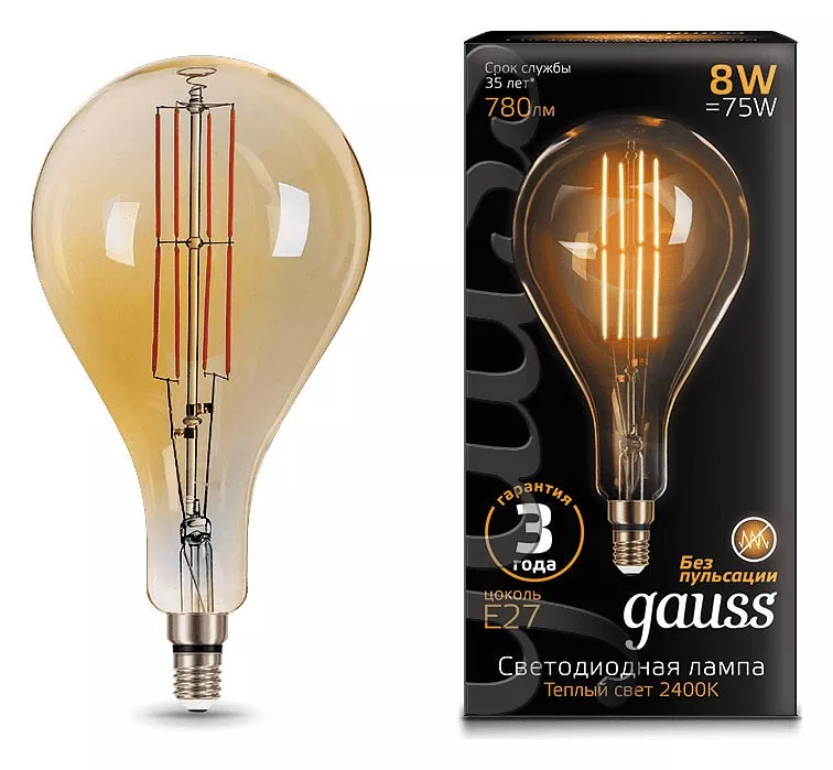 

Лампа светодиодная филаментная Gauss E27 8W 2400K золотая 149802008