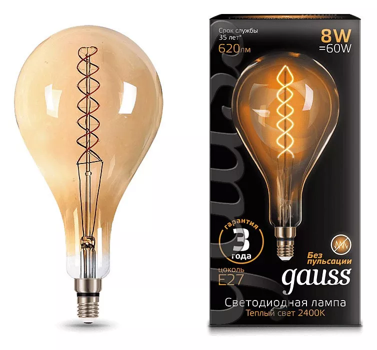 Лампа светодиодная филаментная Gauss E27 8W 2400K золотая 150802008