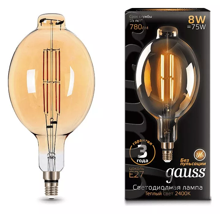 

Лампа светодиодная филаментная Gauss E27 8W 2400K золотая 151802008