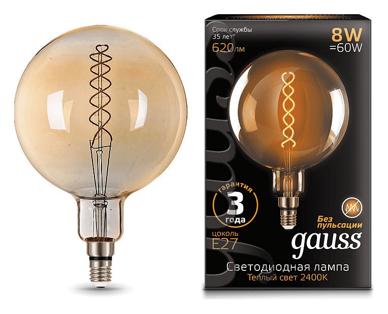 Лампа светодиодная Gauss LED Vintage Filament Flexible E27 8Вт 2400K 154802008 - фото 1