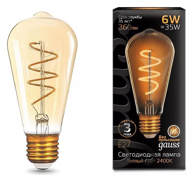 

Лампа светодиодная Gauss LED Filament Flexible E27 6Вт 2400K 157802006