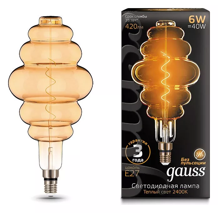 

Лампа светодиодная филаментная Gauss E27 6W 2400K золотая 158802006