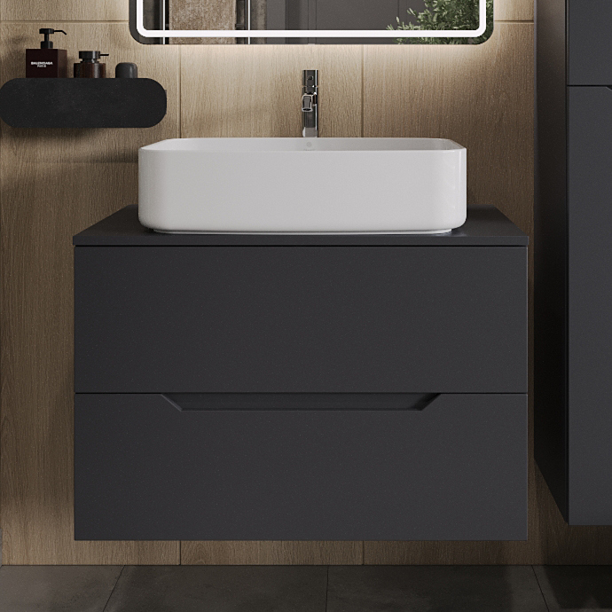 

Тумба с раковиной Orange Line 80 подвесная, 2 ящика, матовый графит с раковиной B07-600W