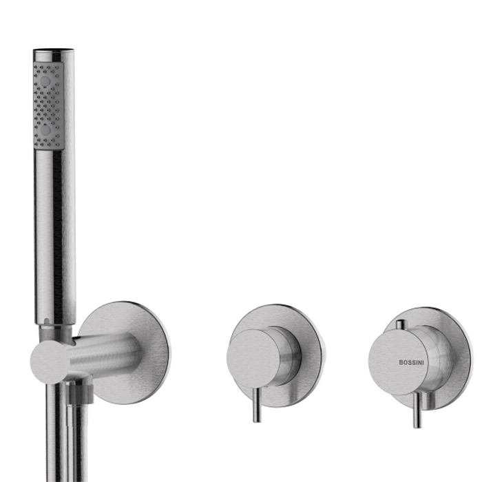 

BOSSINI (NOBU) Наружная часть термостата для душа, на 2 потребителя, с лейкой и шлангом, для скрытой части INZ214, цвет матовая нерж. сталь (075)