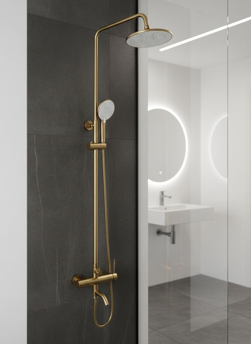 

VODA. Душевая система с тропическим душем и смесителем золото, душевой комплект верхняя лейка, ручной душ, шланг, стойка