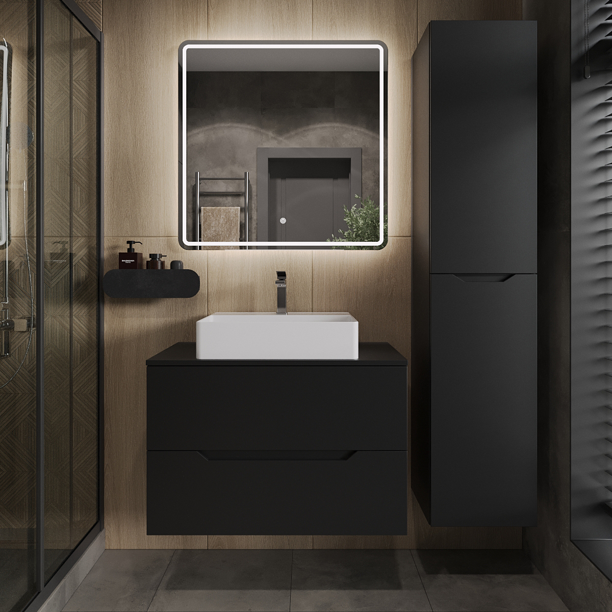 

Мебель для ванной комнаты Orange Line 80 подвесная, 2 ящика, матовая черная с раковиной B04-500W