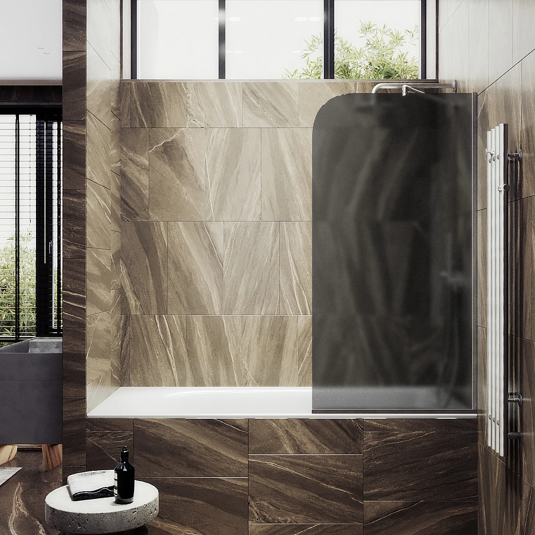 

Шторка на ванну Maybahglass 90x140 узкий профиль хром матовый, стекло графит матовое