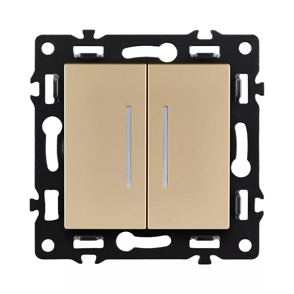 Выключатель 2-клавишный проходной 10А/250В с LED подсветкой, золотой Kollinger Asthetik AS-011GD