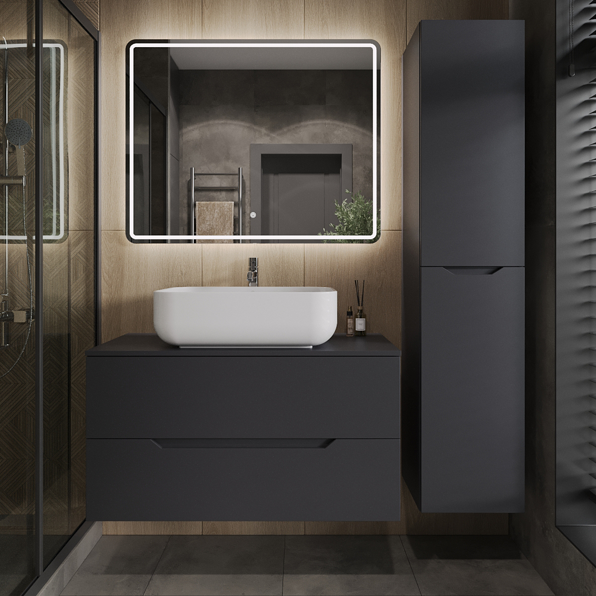 

Мебель для ванной комнаты Orange Line 100 подвесная, 2 ящика, матовый графит с раковиной B03-600W