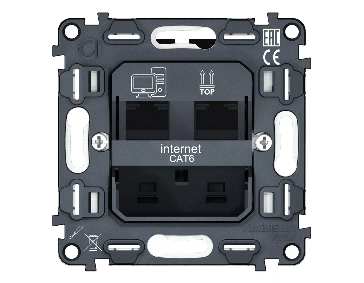 

Механизм компьютерной двойной розетки RJ-45 (8P8C) CAT6 с автоматической защитной шторкой QUANT Ambrella Volt VM189