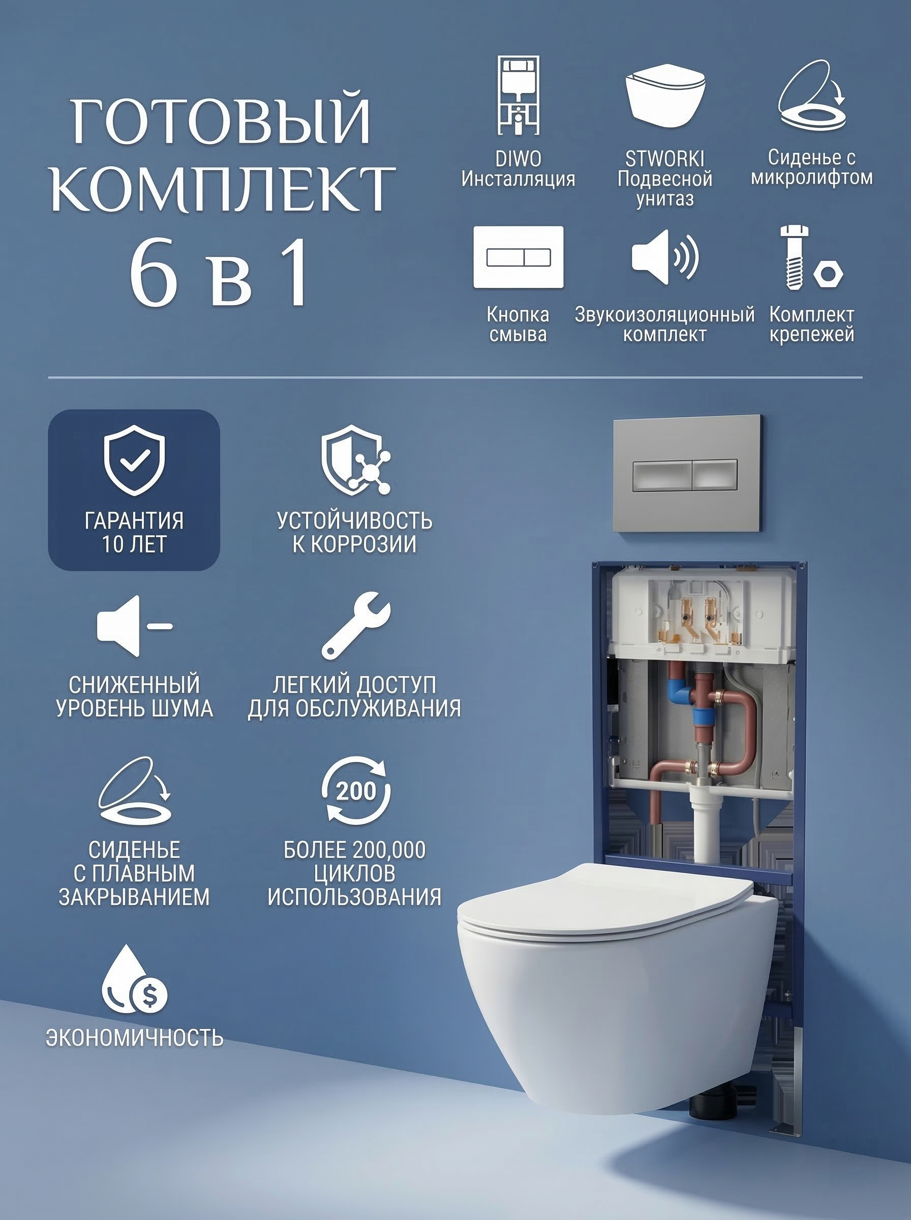 

Комплект 6 в 1: Инсталляция DIWO 4501 + Унитаз подвесной Кронборг S28401WH безободковый + Сиденье с микролифтом + Кнопка 7321 хром матовый + Комплект шумоизоляции, креплений