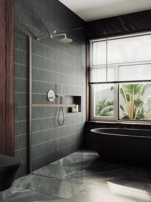 

Душевая перегородка Maybahglass 109х195 с полотенцедержателем, широкий профиль хром матовый, стекло прозрачное