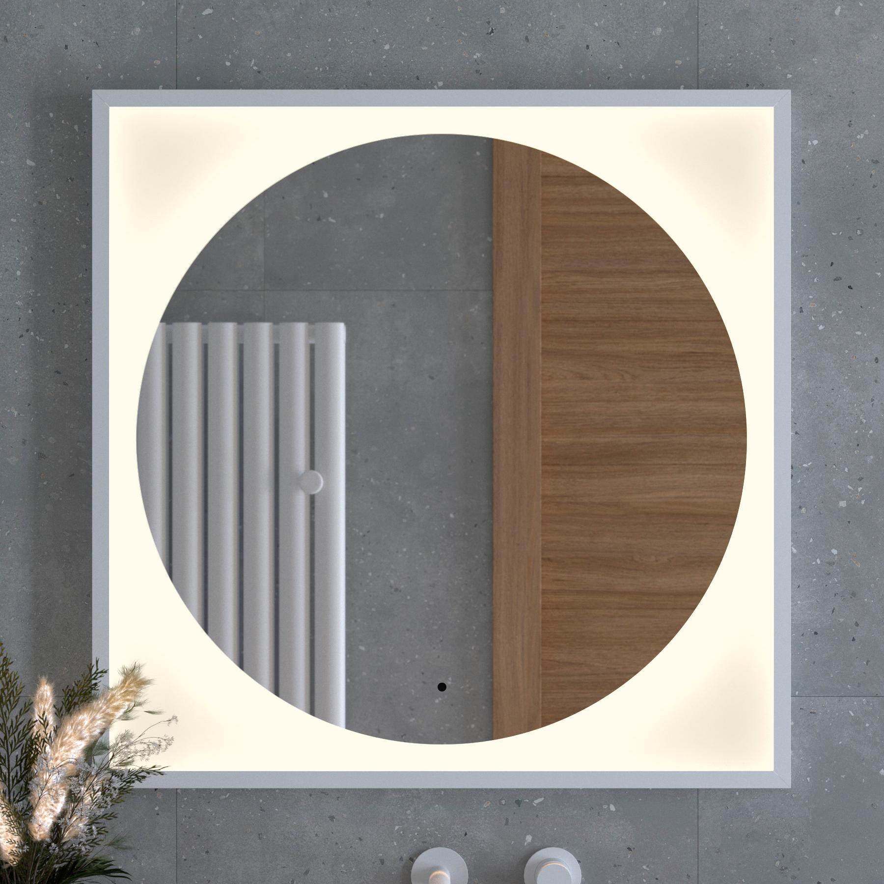 

Зеркало в багетной раме с LED-подсветкой 18W (80x80 cm) (ИК - выключатель) (Теплый белый свет) (Белая рама) (DEFESTO)