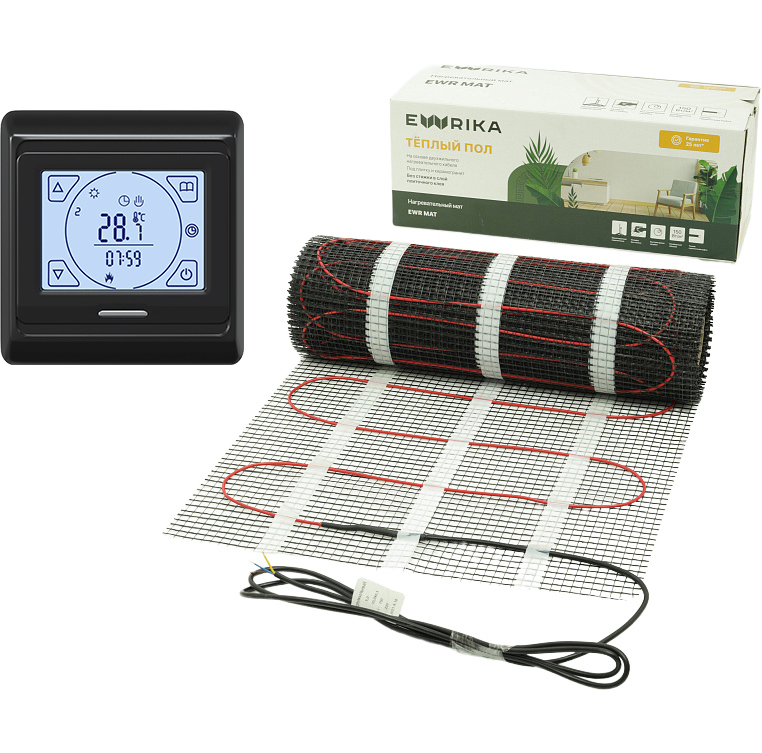 

Теплый пол EWRIKA MAT EWR 150-8 самоклеящийся, под плитку, под паркетную доску с терморегулятором ТЕП91Ч черным, сенсорным